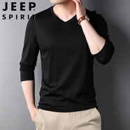 吉普（JEEP）長袖t恤男V領(lǐng)雙絲光純棉春秋裝純色內(nèi)搭薄款雞心領(lǐng)潮流打底體T恤 黑色 190/3XL (適合180-200斤