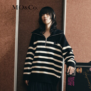 MO&Co.【美麗諾羊毛】 原創(chuàng  )LOGO條紋毛衣翻領(lǐng)上衣女拉鏈毛衣針織衫 黑白條色-第1批 M 165