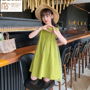 莫代爾女童連衣裙夏裝2023新款韓版兒童洋氣公主裙大童夏季時髦女孩裙子 綠色 150cm適合身高140-150cm年齡9-10