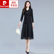 皮爾卡丹（pierre cardin）高端氣質(zhì)強大氣場(chǎng)小西裝連衣裙兩件裝裝女初秋洋氣質(zhì)高貴夫人母親 黑色(兩件裝) M 【適合80-105斤】
