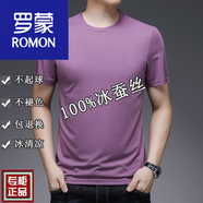 羅蒙（ROMON）仿桑蠶絲男士短袖T恤夏季薄款冰絲純色絲光棉圓領(lǐng)半袖體恤上衣 紫色(純色) L 170建議115-135斤