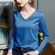 優(yōu)貝爾斯（YOUBES）80支雙面絲光棉T恤女長(cháng)袖春秋款百搭純色打底衫女內搭外穿女上衣 克萊因藍V領(lǐng) XL碼(110-120斤)