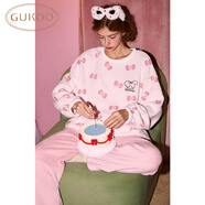 果殼（Gukoo）睡衣女秋冬季新款甜美卡通圓領(lǐng)套頭薄絨款保暖女士套裝家居服D 天堂粉女套裝2 L