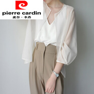 皮爾卡丹（pierre cardin）超薄小披肩夏季配裙子的外搭冰絲防曬衣女罩衫雪紡上衣開衫薄外套 白色 S 【75-90斤】