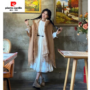 皮爾卡丹（pierre cardin）斗篷外套女新款毛呢披風(fēng)加絨加厚韓版感流蘇毛領(lǐng)披肩大衣 卡其 加絨