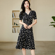 米思陽(yáng)（missshine）2024春夏季新款氣質(zhì)幾何波點(diǎn)V領(lǐng)松緊腰修身連衣裙女1660 黑色 L