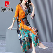 皮爾卡丹（pierre cardin）連衣裙女收腰夏季新款時(shí)尚民族風(fēng)桑蠶絲度假沙灘長(zhǎng)裙子女 花色高品質(zhì)  L