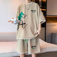POUM短袖短褲套裝男夏季潮牌寬松假兩件t恤上衣褲子一整套男裝兩件套 FXFS-TZ17卡其 XL 【尺碼偏小，建議拍大一碼】