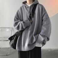 衣然呈品連帽毛衣男秋冬季加厚復(fù)古外套潮流保暖港風(fēng)寬松休閑百搭針織衫男 灰色 XL 【建議130-145斤】
