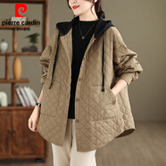 皮爾卡丹（pierre cardin）時(shí)尚菱形格連帽輕薄棉服女秋冬大碼胖mm寬松百搭?yuàn)A棉棉衣外套棉襖 卡其色 L【建議100-140斤】