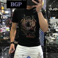 BGP潮牌短袖男T恤半袖新款夏季百搭潮流亮片燙鉆老虎頭修身圓領(lǐng)上衣 黑色 3XL