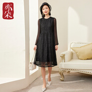 亦朵黑色蕾絲雪紡連衣裙女春秋氣質(zhì)內(nèi)搭裙子長袖連衣裙 黑色 L