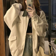巧除美式復古翻領(lǐng)夾克外套女春秋寬松百搭潮牌刺繡撞色早秋棒球服上衣 2388# 杏 刺繡夾克 L