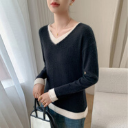 SATCHIV領(lǐng)拼色/假兩件/卷邊袖山羊絨衫女2025新款長袖套頭修身打底毛衣 黑米拼色 S