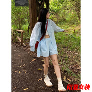 歌芬琳橘子樹在哪兒寬松襯衫短褲套裝兩件套女夏薄款長(zhǎng)袖遮陽襯衣五分褲 奶藍(lán)色套裝-學(xué)院風(fēng)女裝 S -學(xué)院風(fēng)女裝