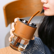 暢印 竹節杯吸管式玻璃杯便攜水杯復古百搭飲水杯創(chuàng  )意耐熱咖啡杯情侶迷你杯 450ml琥珀+茶色蓋+琥珀吸管+杯套 450ml