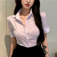 索宛亦（SUOWANYI）白色緊身V領(lǐng)低胸性感襯衫女夏ol制服職業(yè)裝白襯衣短袖工作服 DUAN袖襯衫 暗扣 L 建議95-105斤