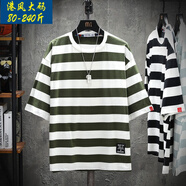普戈斯薄款條紋海魂打底衫半短袖T恤男肥佬加大碼潮牌胖子寬松百搭夏裝  T232 軍綠條 5XL 200-240斤