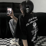 7家優(yōu)品短袖t恤男夏季新款歐美街頭寬松潮牌款潮流美式復古星星五分半袖 JXFS-461黑色 XL