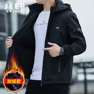 JEEP SPIRIT吉普夾克男秋冬季男士休閑可脫連帽外套中青年男裝上衣修身茄克衫 黑色加絨款2186 2XL (140-155斤)