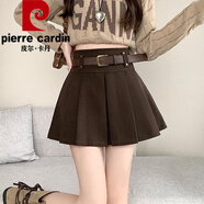 皮爾卡丹（pierre cardin）咖色毛呢百褶半身裙女秋冬2024年新款百搭小個(gè)子防走光a字短裙子 咖啡色配腰帶 L