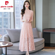 皮爾卡丹改良版中國風(fēng)旗袍連衣裙女裝2025年新款春秋長袖裙子氣質(zhì)蕾絲 粉色 XL碼115-125斤