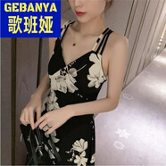 夕楠2024新款韓版中長(cháng)款印花露背性感吊帶連衣裙女度假大擺沙灘裙 黑色 S