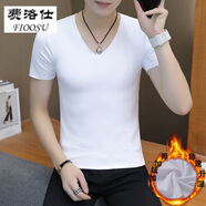 費(fèi)洛仕無(wú)痕短袖T恤男冬季加絨加厚半袖修身百搭內(nèi)衣絨V領(lǐng)打底衫保暖秋衣 805加絨短袖白色 3XL 155-165斤