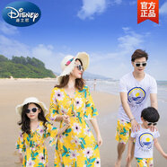 迪士尼（Disney）三亞旅游沙灘親子裝夏裝波西米亞母女連衣裙長裙一家三口四口套裝 黃底愛心花朵中裙款 200 媽媽5XL碼