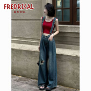 fredrical辣妹破洞牛仔闊腿褲子2025秋季新款韓版大碼寬松顯瘦背帶背帶褲女 主圖色 L 【建議105-115斤】