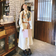 ANGEL MOOD法式溫柔風(fēng)拼色印花襯衫裙女春秋季新款絕美重工收腰長(cháng)袖連衣裙子 米杏色【版】 L