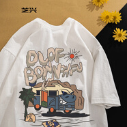芝興 短袖t恤男美式復古潮牌卡通字母印花夏季寬松嘻哈高街半袖體恤 白色 M