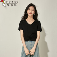 啄木鳥(niǎo)休閑簡(jiǎn)約純色棉短袖t恤女V領(lǐng)寬松正肩百搭上衣夏 黑色 M 
