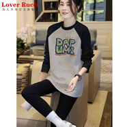 LOVER RUCCI歐貨純棉長(zhǎng)袖t恤女2025秋季新款中長(zhǎng)款寬松遮屁股拼接內(nèi)搭打底衫 黑灰拼到DAP仙人掌 S