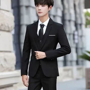 春秋季黑色西裝套裝伴郎服男西服兄弟團衣服結婚禮服正裝高中大學(xué) 黑西裝+馬甲+白襯衫+西褲+領(lǐng)帶) XL (121-135斤)
