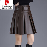 皮爾卡丹（pierre cardin）百褶A字裙黑色PU皮裙半身裙小個子女裙子2025秋冬新款高級感短裙 咖色 26 /1尺9/建議80-92斤