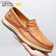 駱駝動(dòng)感春季頭層牛皮休閑皮鞋男真皮豆豆鞋軟面皮軟底一腳蹬男鞋 紅棕色 40