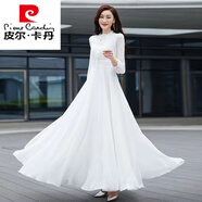 皮爾卡丹雪紡長(zhǎng)袖大擺連衣裙女春秋2024新款波西米亞跳舞裙顯瘦過膝長(zhǎng)裙子 白色 XL