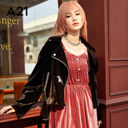 A21秋季女裝方領(lǐng)長袖A字裙中長款顯瘦連衣裙女士絲絨裙子 暗紅 S