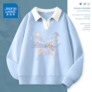 真維斯（JEANSWEST）衛(wèi)衣女外套春秋冬季新款polo領(lǐng)撞色寬松上衣服女生長(zhǎng)袖設(shè)計(jì)感女裝 天藍(lán) 淡彩蝴蝶 M 【推薦體重101-120斤】