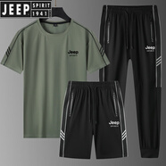 JEEP SPIRIT吉普男士休閑運動套裝夏季新款大碼冰絲速干圓領(lǐng)短袖T恤三件套 JP818軍綠冰絲三件套 XL