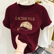 尚濤短袖t恤女2024夏季女裝新款韓版顯瘦休閑體恤小眾上衣 金帽酒紅色 M建議80-95斤