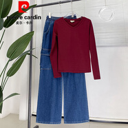 皮爾卡丹（pierre cardin）胖mm大碼工裝牛仔長(cháng)褲女直筒闊腿寬松高腰拖地顯瘦學(xué)生加肥200斤 【兩件套：1520藍+7002-紅色】 L 【 建議101-110斤】