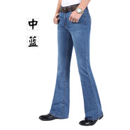 春季新品男士牛仔褲中腰彈力修身小喇叭褲微喇叭男裝休閑長(zhǎng)褲大褲腳闊腳褲 中藍(lán)色 腰圍2尺4（31碼）