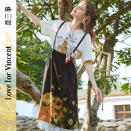 兩三事梵高文藝 時(shí)至花季 2025春季新款蕾絲拼接印花可拆背帶半身裙 黑色 L