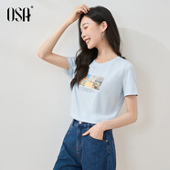 歐莎（OSA）T恤女士夏季新款衣服短袖印花上衣體恤修身潮清爽冰瓷棉感 淺藍色 XS