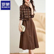 羅蒙（ROMON）英倫風(fēng)連衣裙氣質(zhì)格紋襯衫中長(cháng)裙收腰綁帶假兩件修身顯瘦減齡夏秋 咖色 S 【建議85-100斤】