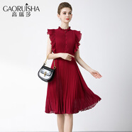 高瑞莎立領(lǐng)荷葉邊收腰百褶大擺裙公主風(fēng)時(shí)尚連衣裙女修身顯瘦顯擺 紅色 M