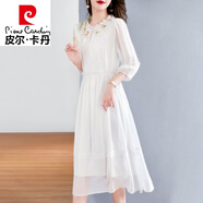 皮爾卡丹（pierre cardin）洋氣白色仿仿真絲連衣裙女2024夏季新款氣質(zhì)感顯瘦棉裙 白色 M