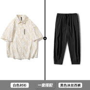 普戈斯大碼80-230斤短袖襯衫男士夏季寬松感大碼男裝冰絲外套休閑上衣 一套搭配(白色襯衫+黑色褲子) M